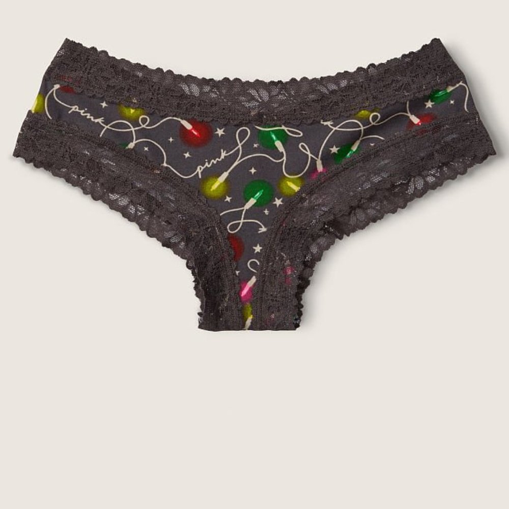 🎄VS PINK Lace Trim Cheekster Christmas Light String Holiday Panty X-Mas NWT